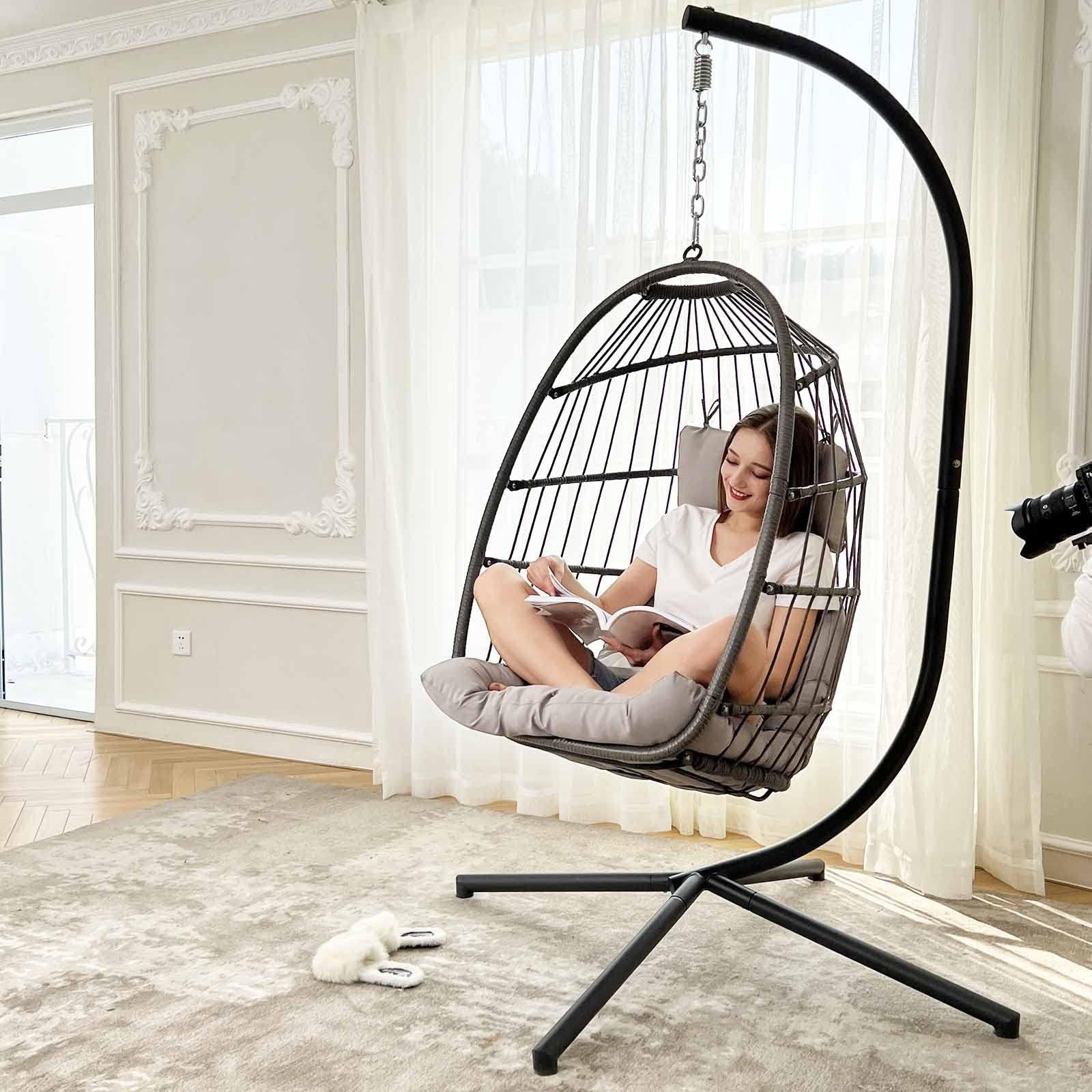BULEXYARD swing egg chair with stand indoor outdoor wicker rattan patio basket hanging chair with uv resistant cushions 350lbs capaticy