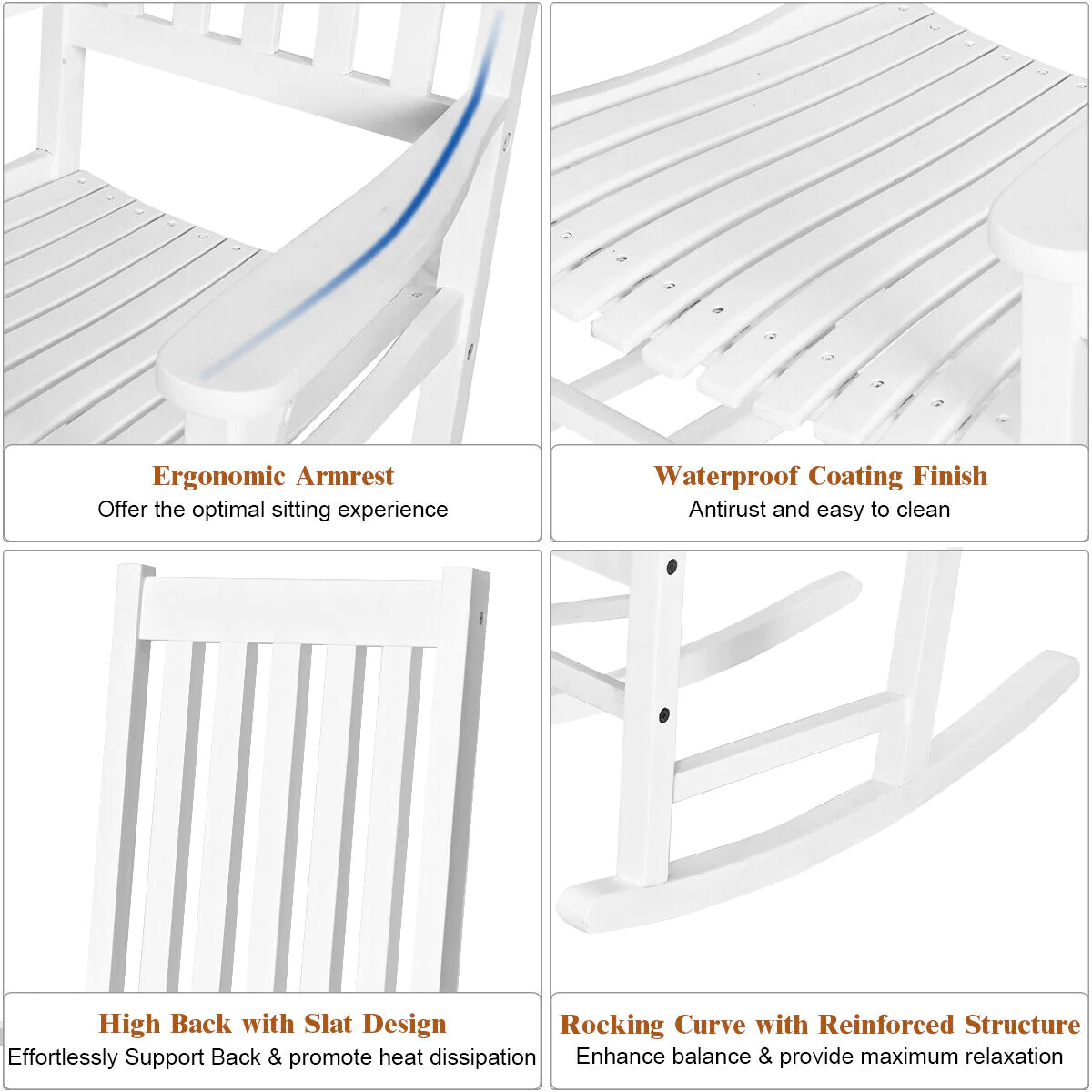Great Choice Products 2Pcs Wood Rocking Chair Set Porch Rocker High Back Garden Indoor Outdoor White