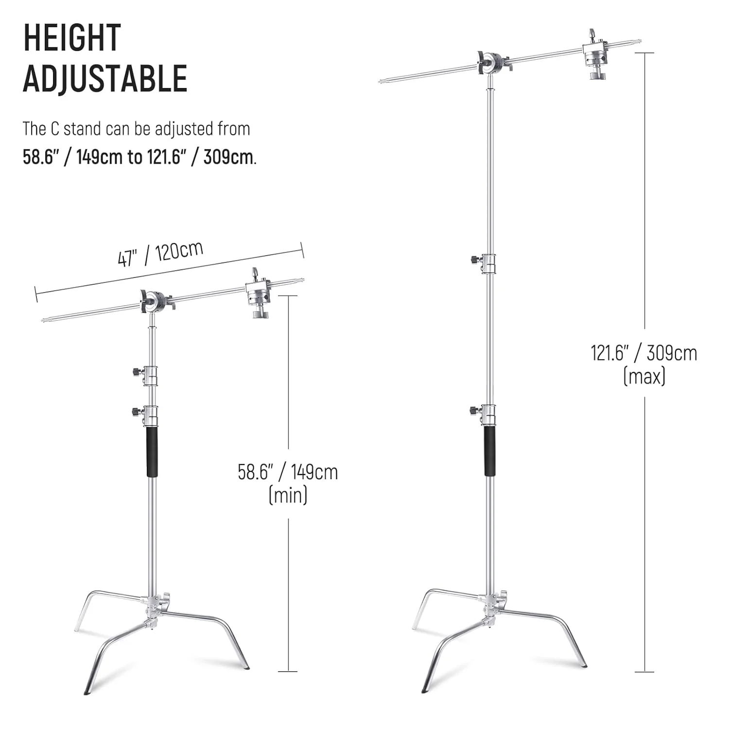 Zell Electronics Zell C Stand With Boom Arm &a; Sliding Legs, Pro 100% Stainless Steel Stand Max Height 10.13Ft/309Cm With 3.9Ft/120Cm Arm &a; 2 G…