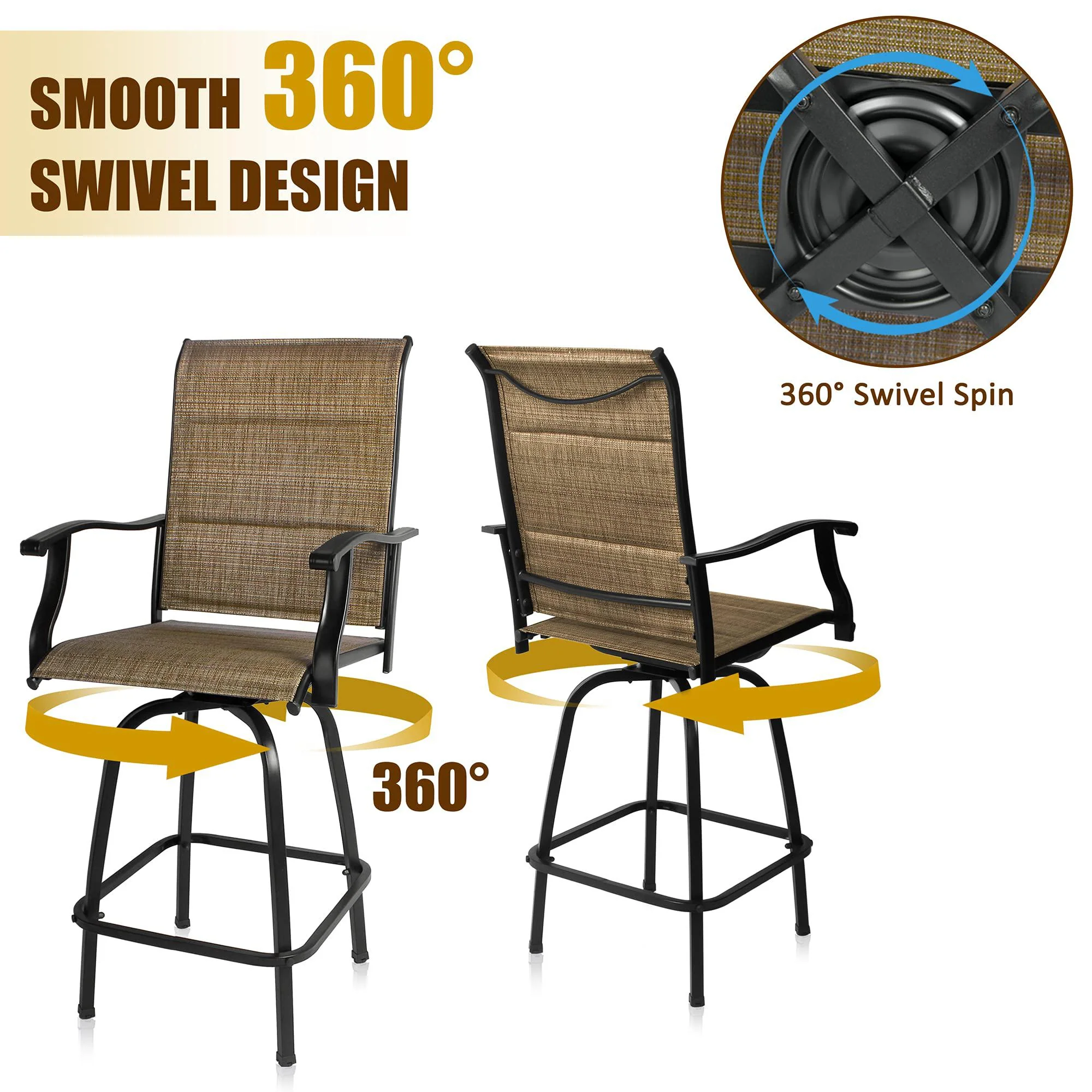 bigroof outdoor swivel bar stools set of 2, bar height patio chairs with backs and arms, all-weather textilene padded patio f