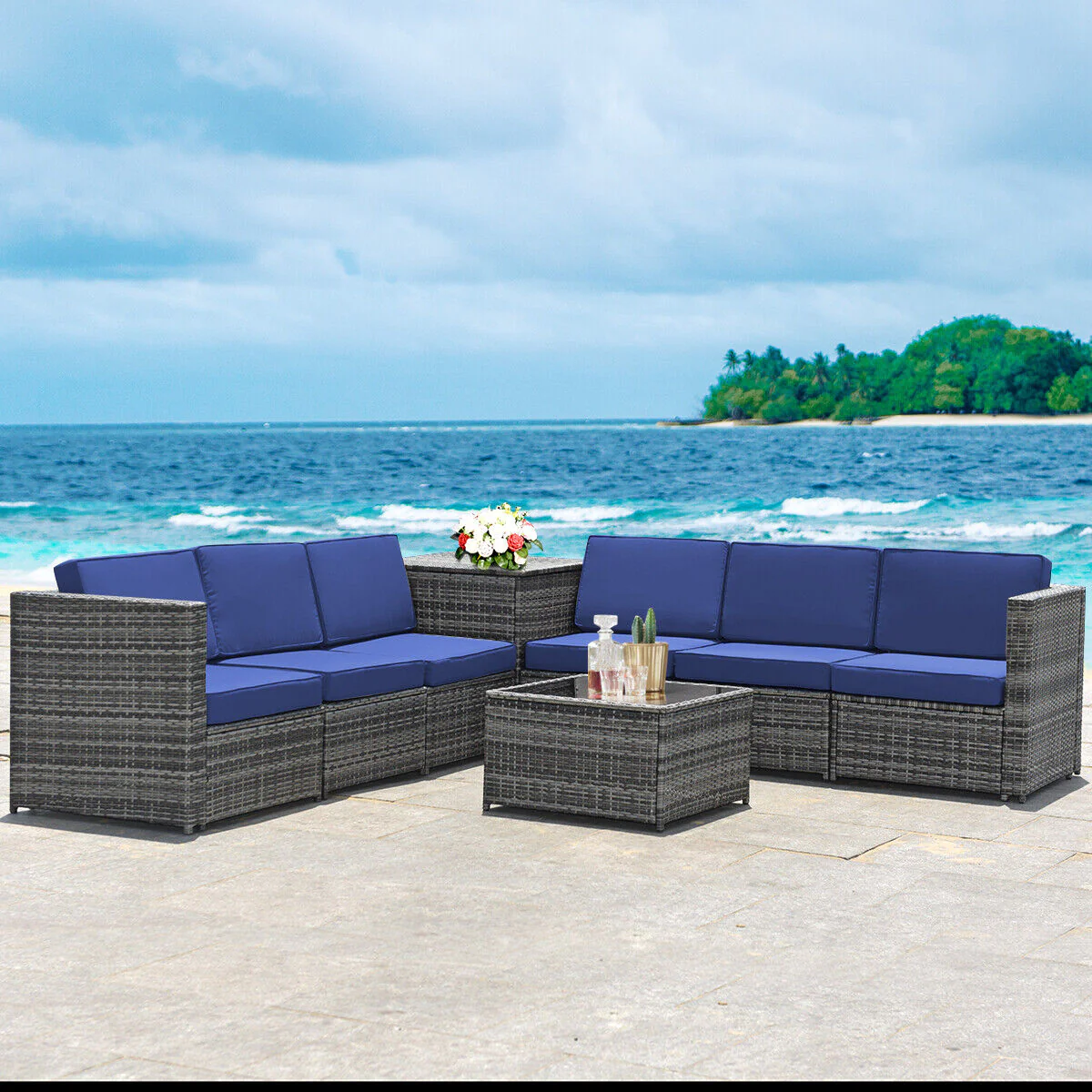 Great Choice Products 8 Pcs Wicker Sofa Rattan Furniture Set Patio Furniture W/ Storage Table Navy