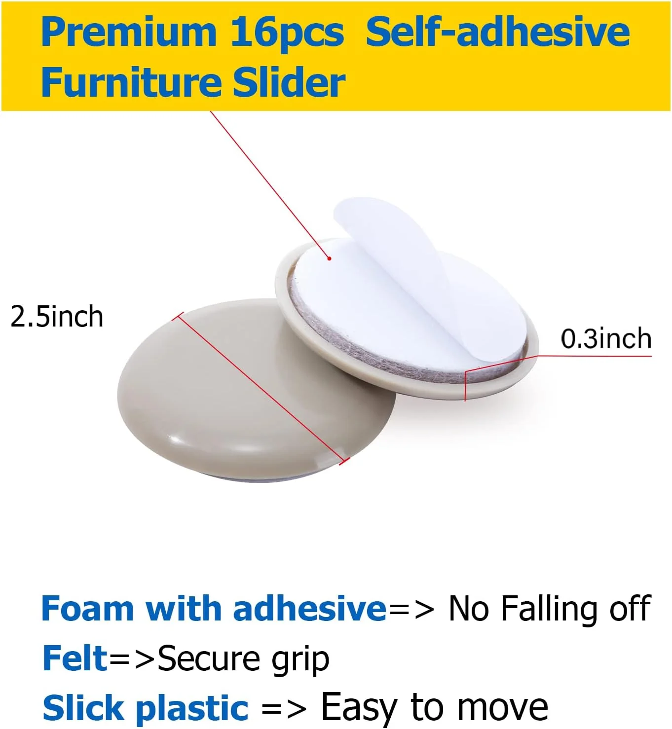 Kayzn Self-Adhesive Furniture Slider,2.5Inch Self-Adhesive Furniture Moving Pads, Adhesive Carpet Slider is Suitable for Carpet 16 Pi