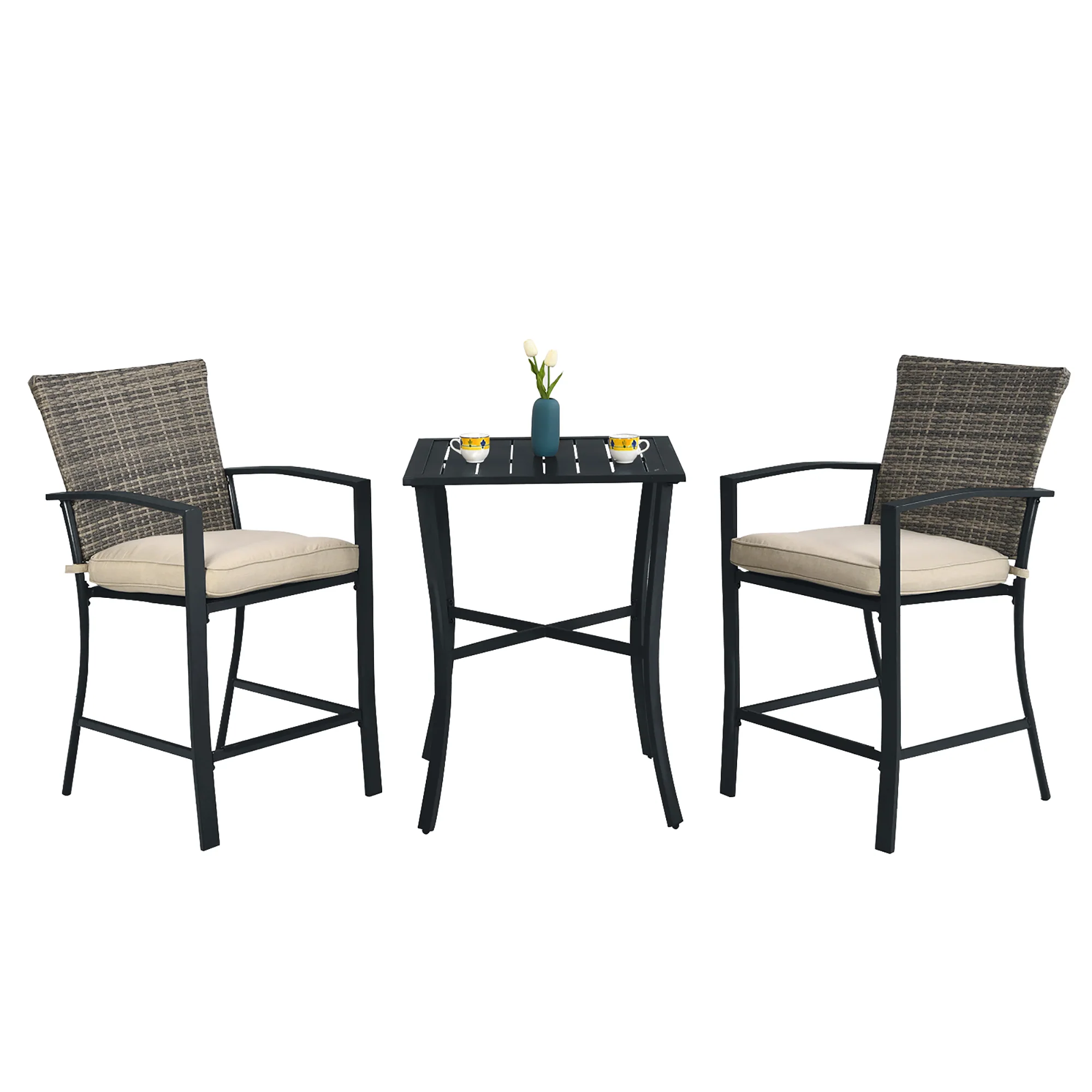 Costway 3PCS Patio Rattan Bar Furniture Set Slat Table 2 Cushioned Stools Poolside Gray