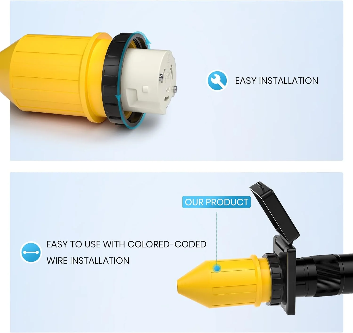 Kohree 50 AMP RV Power Cord Cover Twist Lock with Boot Inlet Locking Plug Protector Locking Shore Connector Replacement, 50A 125/250VA