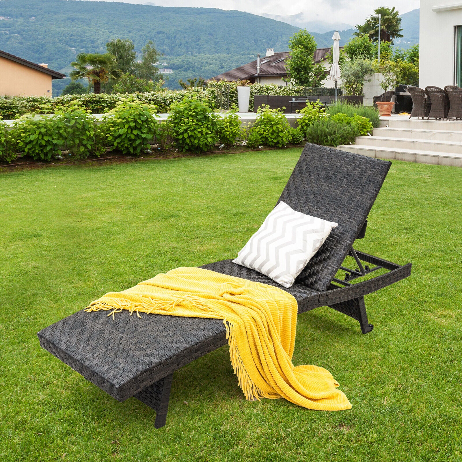 Great Choice Products Folding Patio Chaise Lounge Chair Outdoor Rattan Adjustable Recliner W/ Wheels