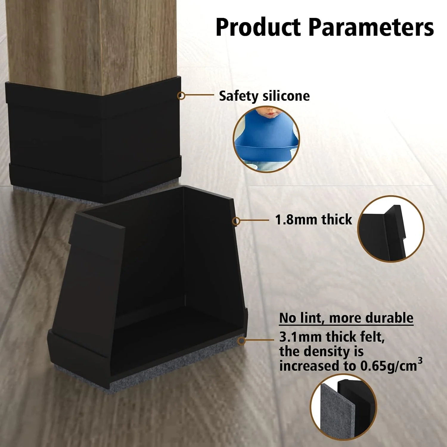 JLKDQ 16 Pcs Square Chair Leg Protectors for Hardwood Floors, Silicone Felt Furniture Pads Non Slip,Free Moving Table Leg Covers,Chai