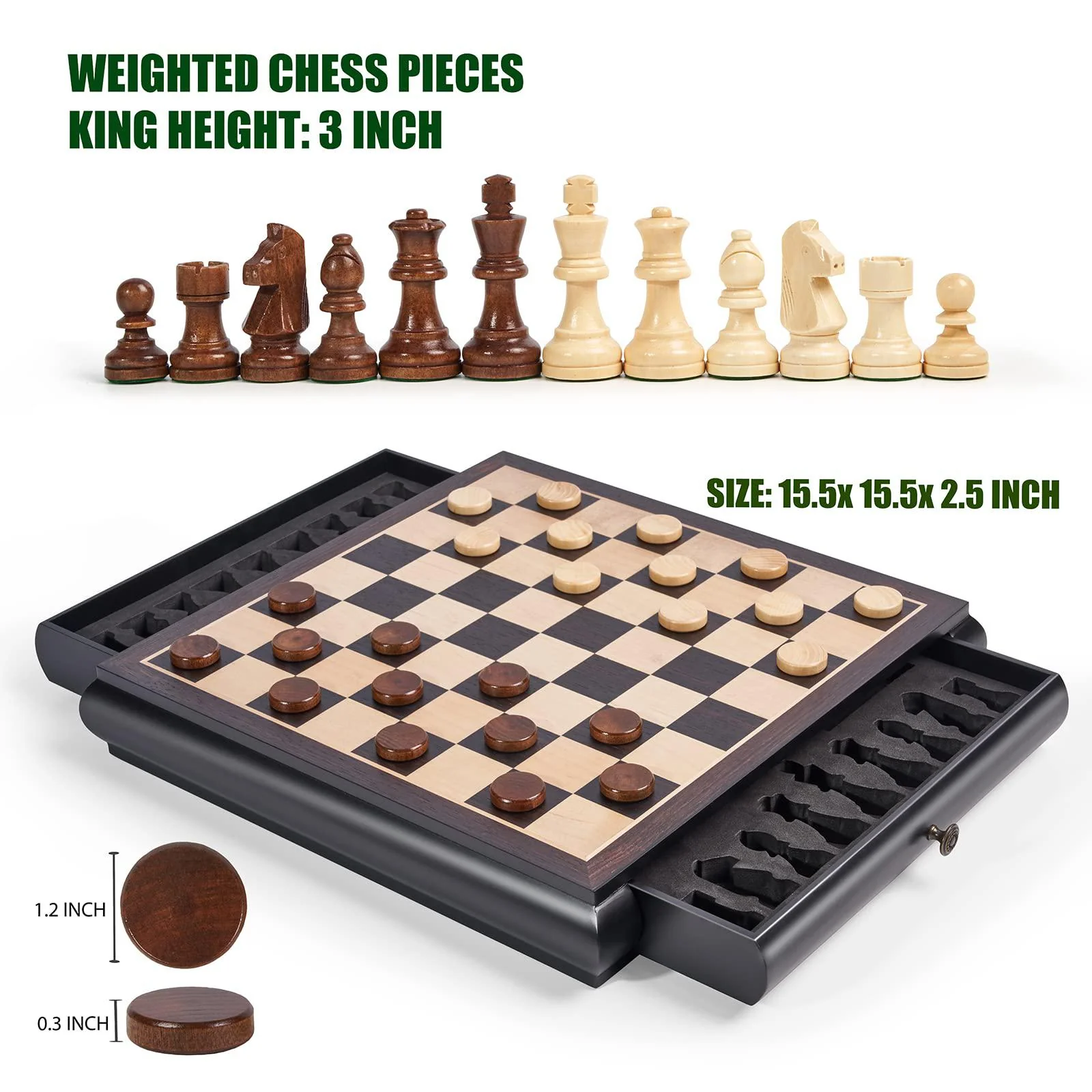 vamslove wooden chess checkers game set 15.5