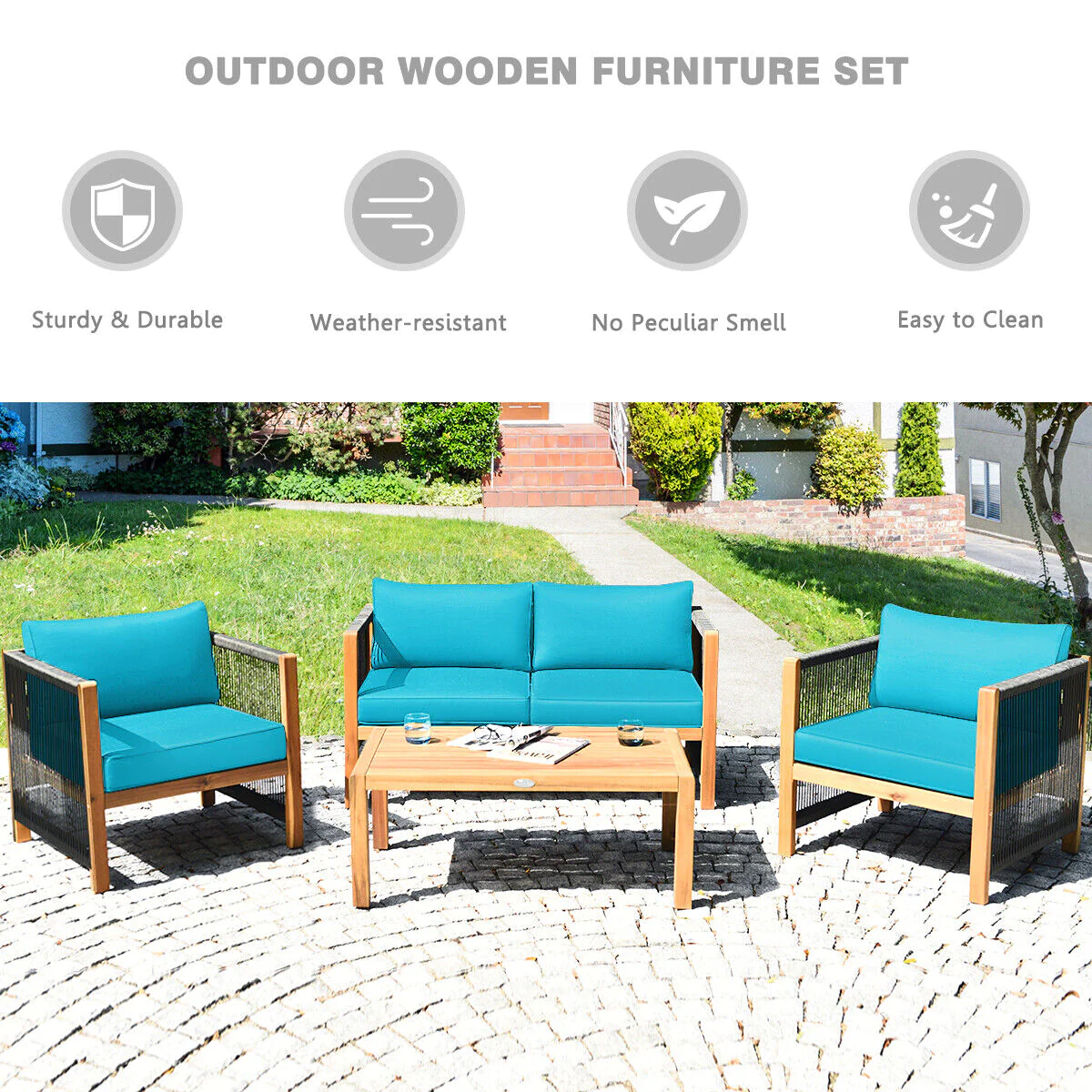 Great Choice Products 8Pcs Wooden Patio Furniture Set Cushioned Sofa W/Rope Armrest Turquoise