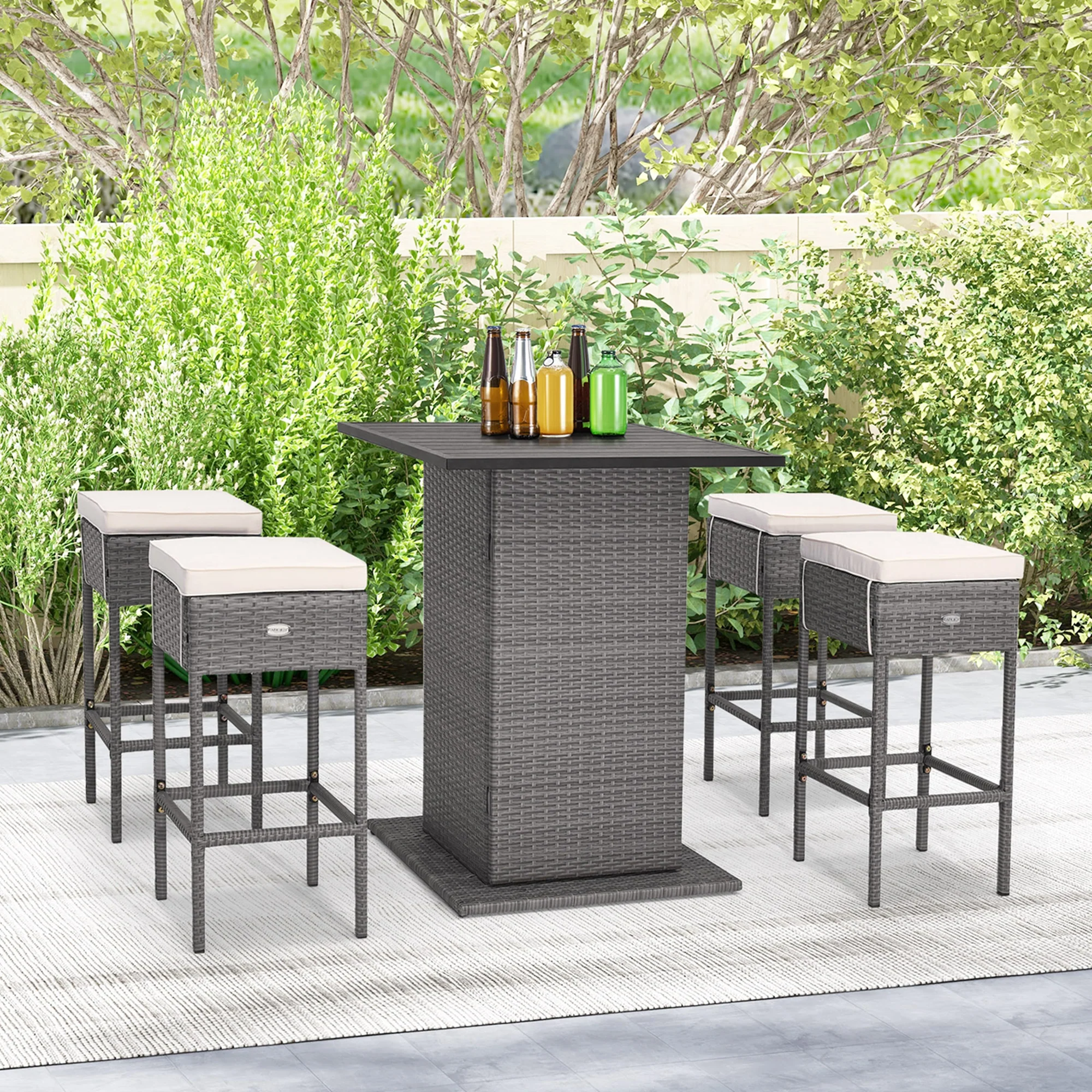 Costway 5 PCS Outdoor Wicker Bar Table Set with Hidden Storage Shelves Bar Table  Stools