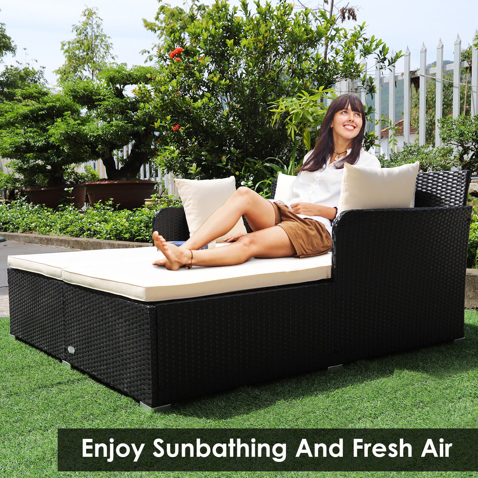 Great Choice Products Outdoor Patio Rattan Daybed Pillows Cushioned Sofa Furniture Beige