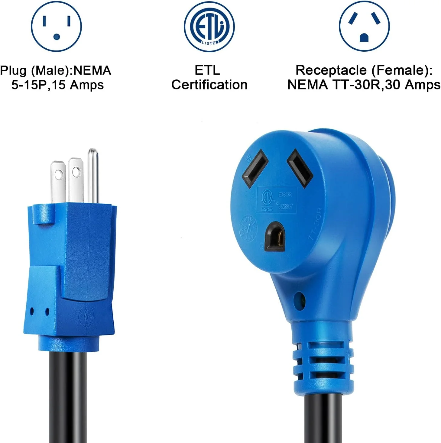Gloppers RV Adapter Cord 15 Amp to 30 Amp for RV Trailer Camper, 5-15P Male to TT-30R Female, Dog-Bone Electrical Power Plug with LED Po