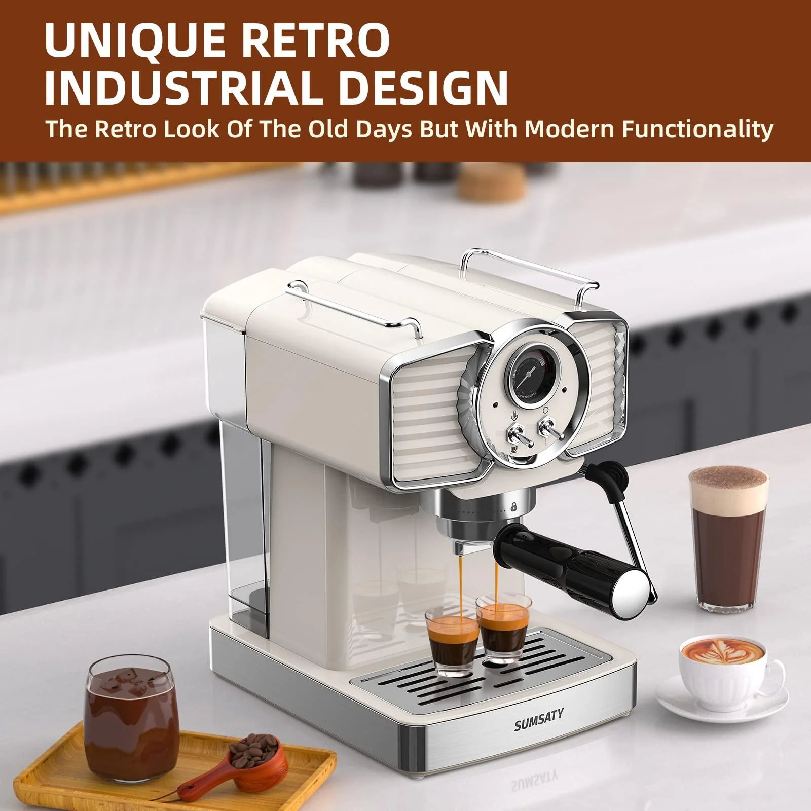 sumsaty espresso coffee machine 20 bar, retro espresso maker with milk frother steamer wand for cappuccino, latte, macchiato,
