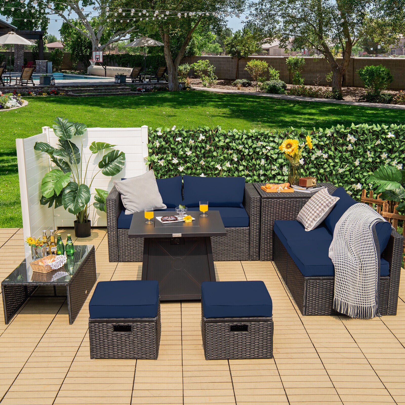 Great Choice Products 9Pcs Patio Rattan Furniture Set Fire Pit Space-Saving W/Cover Navy Cushion