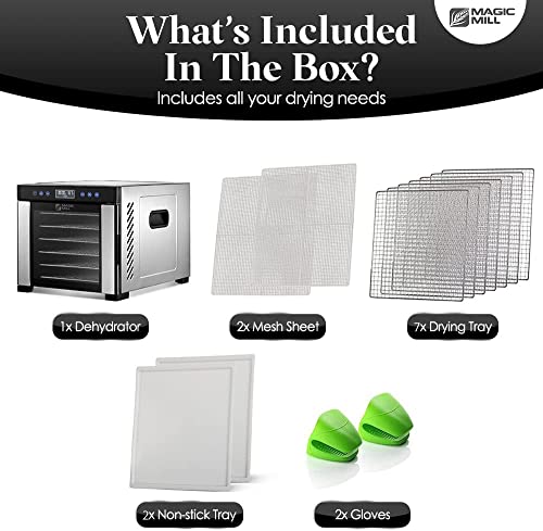 Magic Mill Food Dehydrator Machine | 7 Stainless Steel Trays | Dryer for Jerky, Dog Treats, Herb, Meat, Beef, Fruit | Keep Warm