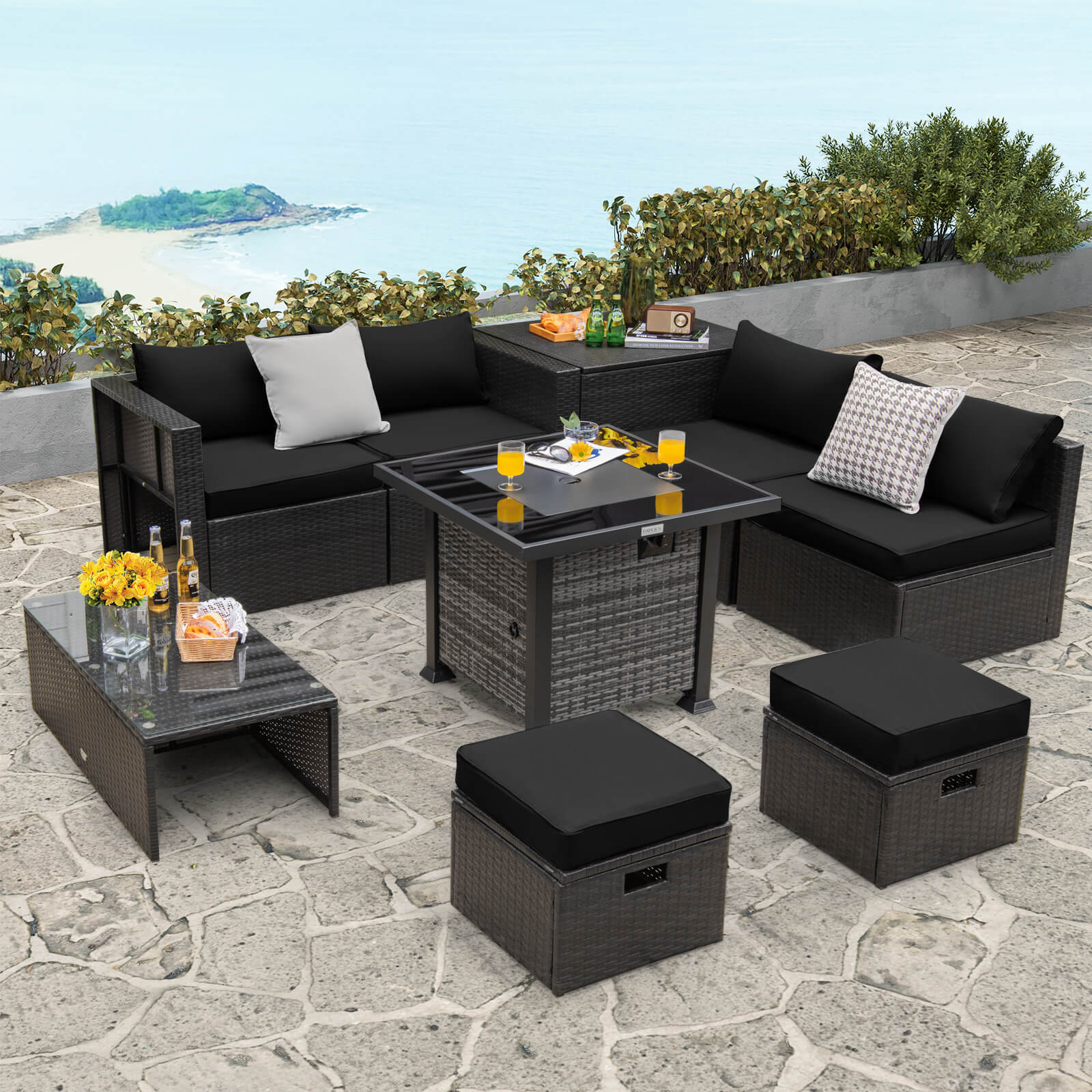 Great Choice Products 9 Pieces Patio Furniture Set With 50,000 Btu Propane Fire Pit Table Black