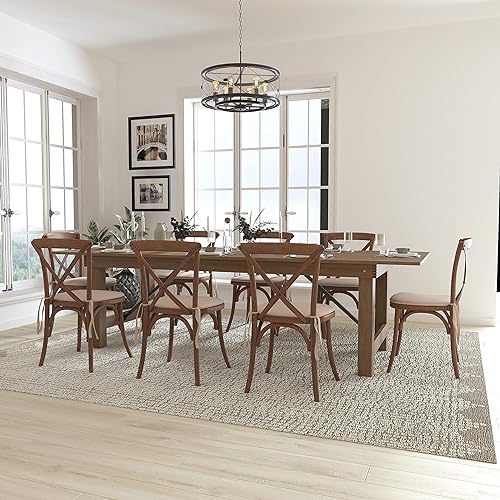 Flash Furniture HERCULES Series 9&s; x 40&s;&s; Antique Rustic Folding Farm Table Set with 8 Cross Back Chairs and Cushions