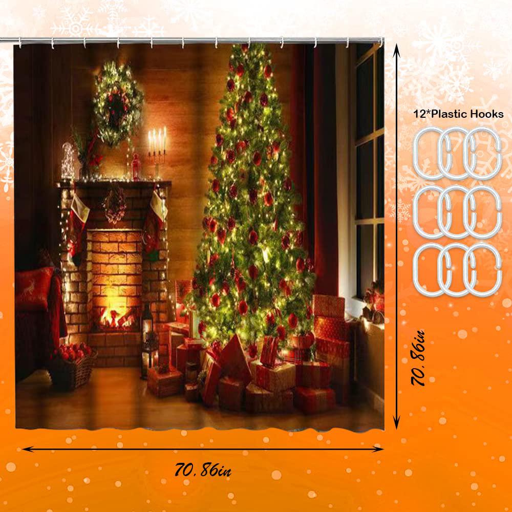 hying christmas shower curtain set for bathroom, christmas tree waterproof bath curtain with hooks for home decorations gifts