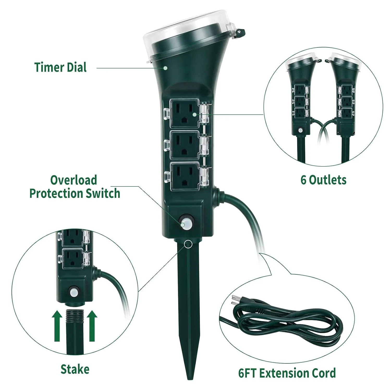 Generic iPower BNC-60/U13L Light Timer Waterproof Garden Stake for Christmas, Dawn to Dusk, 6 Grounded Outlets 6 FT Cord