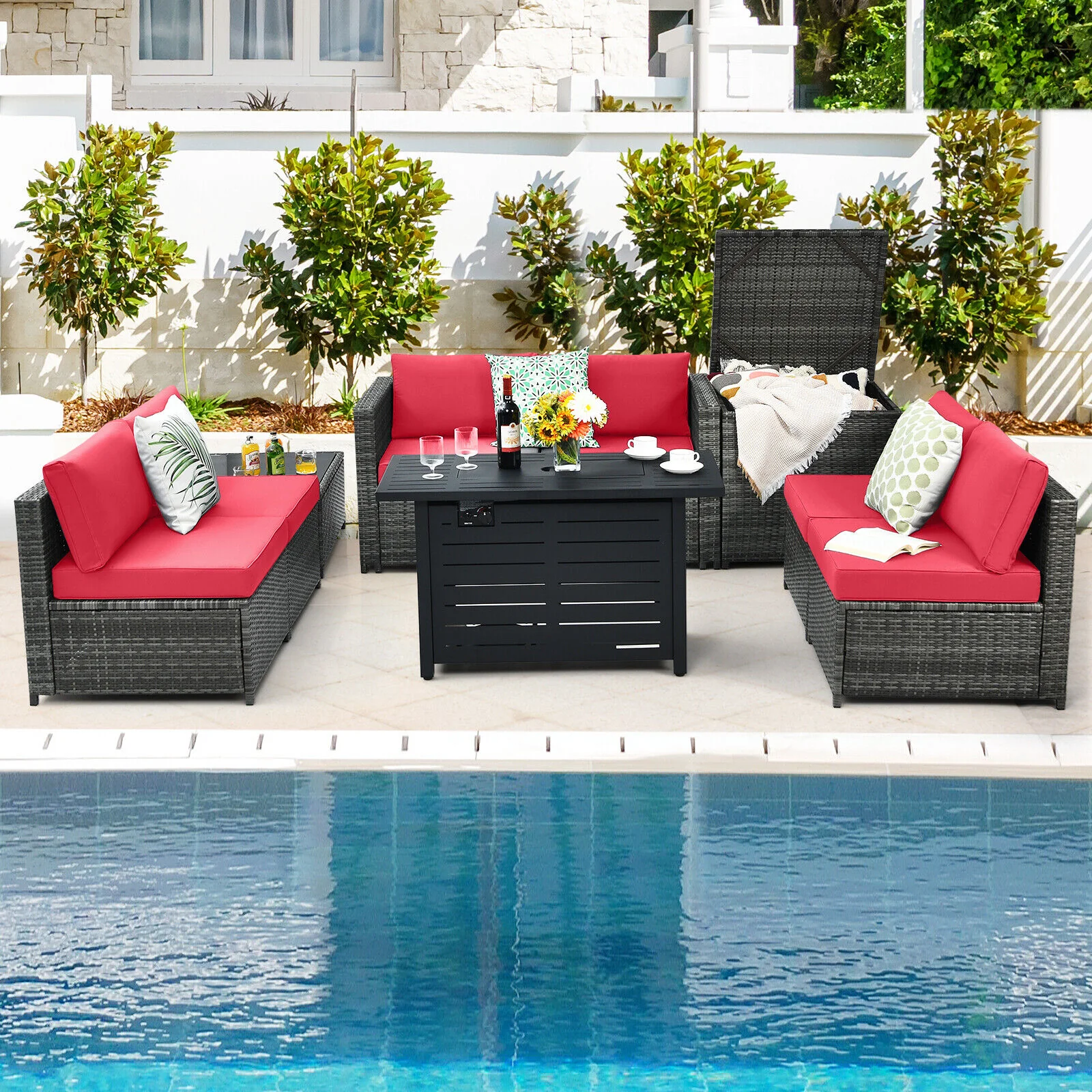 Great Choice Products 9 Pcs Rattan Furniture Wicker Sofa Set W/ 60,000 Btu Heater Propane Gas Fire Pit