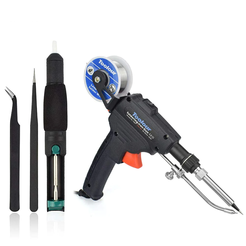 Toolour Soldering Gun Kit Toolour 5-in-1 Solder Iron Gun 60W Automatic Feed Hand-held Welding Gun with Solder Wire, Desoldering Pump, Tw