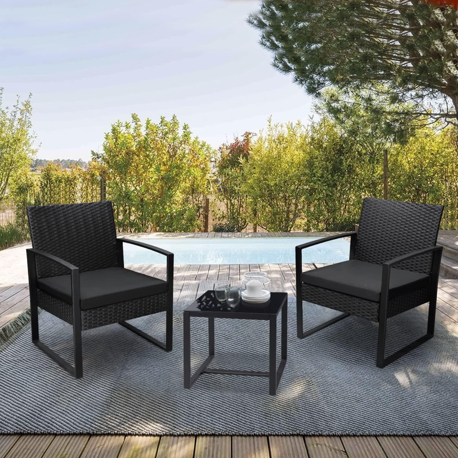 homall balcony 3 piece furniture table garden backyard outdoor patio use porch chairs cushioned pe wicker bistro set rattan (