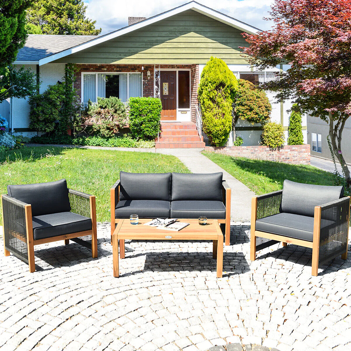 Great Choice Products 8Pcs Acacia Wood Outdoor Patio Furniture Set Cushioned Sofa W/Nylon Rope Armrest