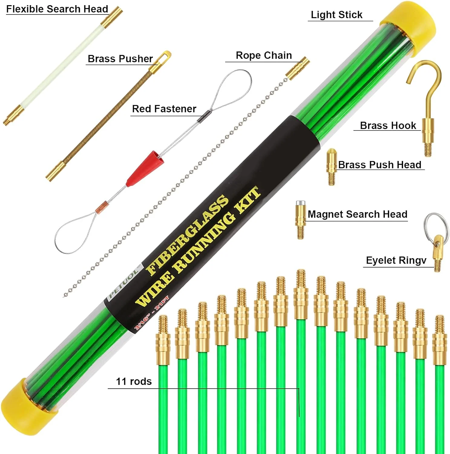PETUOL 21 Feet Fiberglass Fish Tape Cable Rods, Electrical Wire Running Pull/Push Kit with Hook and Hole Kit Glow Rod, Hook Hole, Gree
