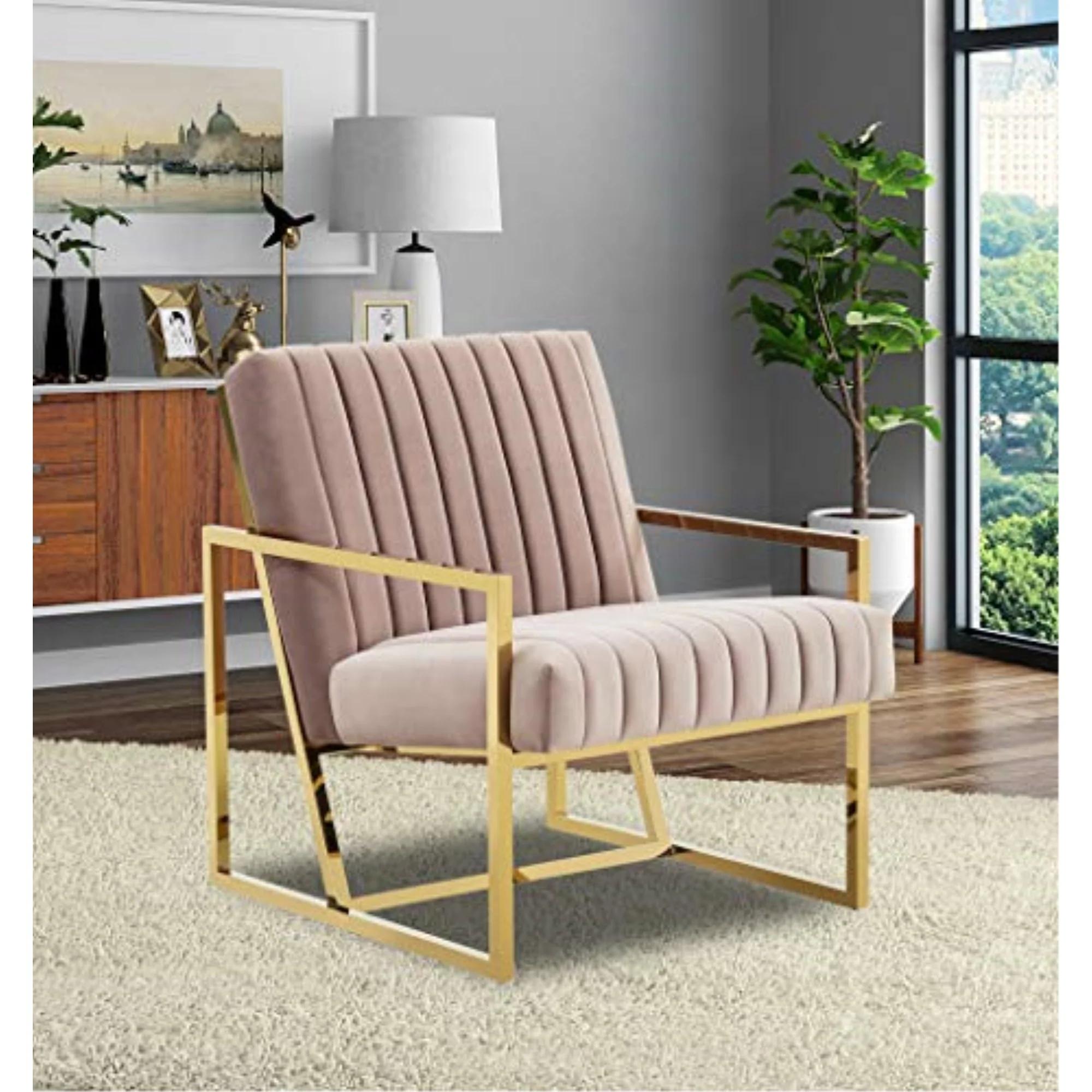 LeisureMod Montgomery Velvet Pinstripe Design Accent Armchair With Gold Frame