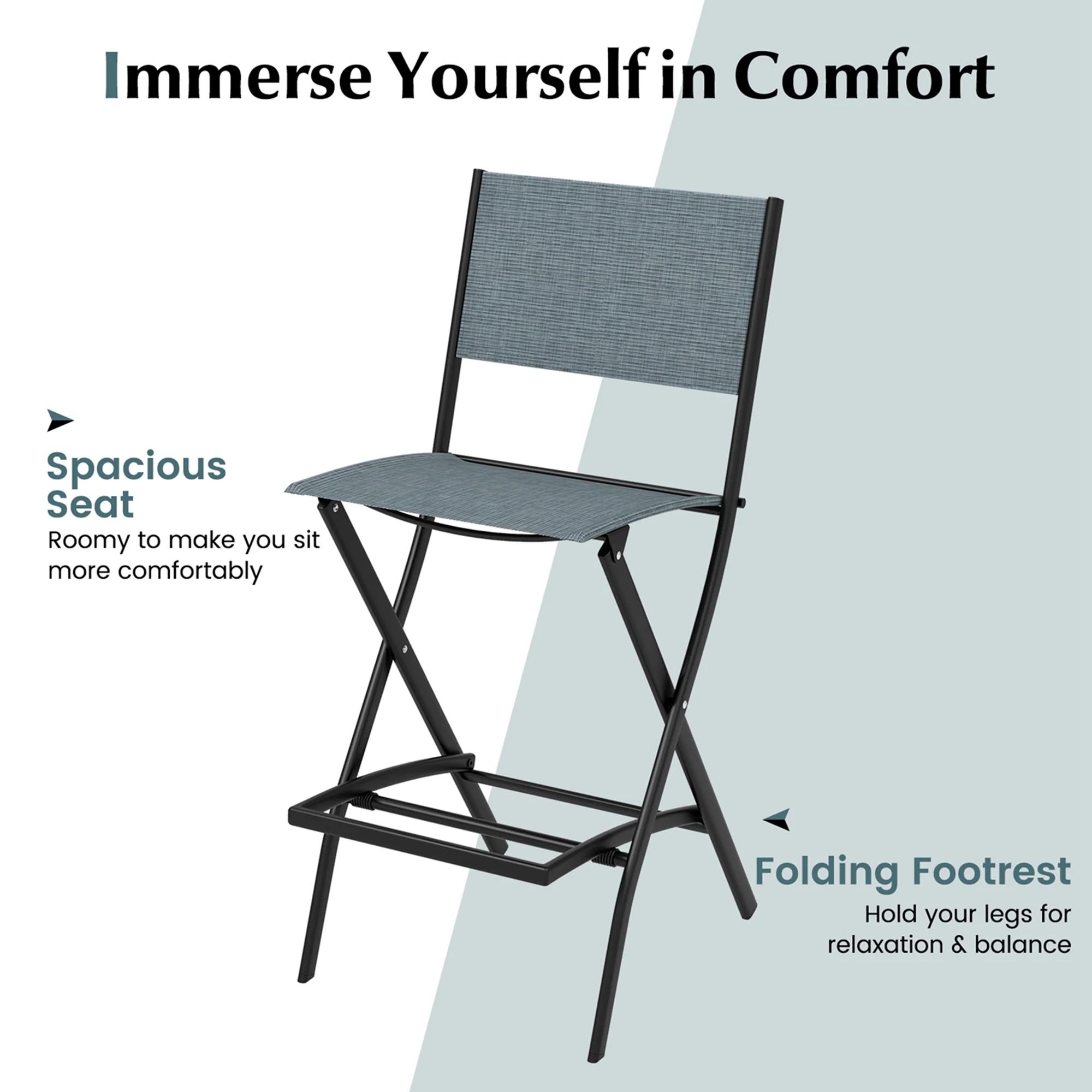 Costway Set of 4 Outdoor Bar Chair Folding Bar Height Stool with Metal Frame Blue/Coffee