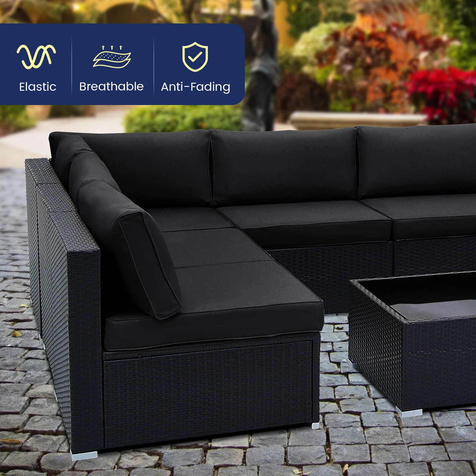 Great Choice Products 10 Pcs Patio Rattan Furniture Set Outdoor Wicker Sofa Table Cushioned Seat Black