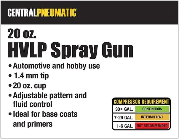 CENTRAL PNEUMATIC 47016 High Volume Low Pressure Gravity Feed Spray Gun, 20 oz