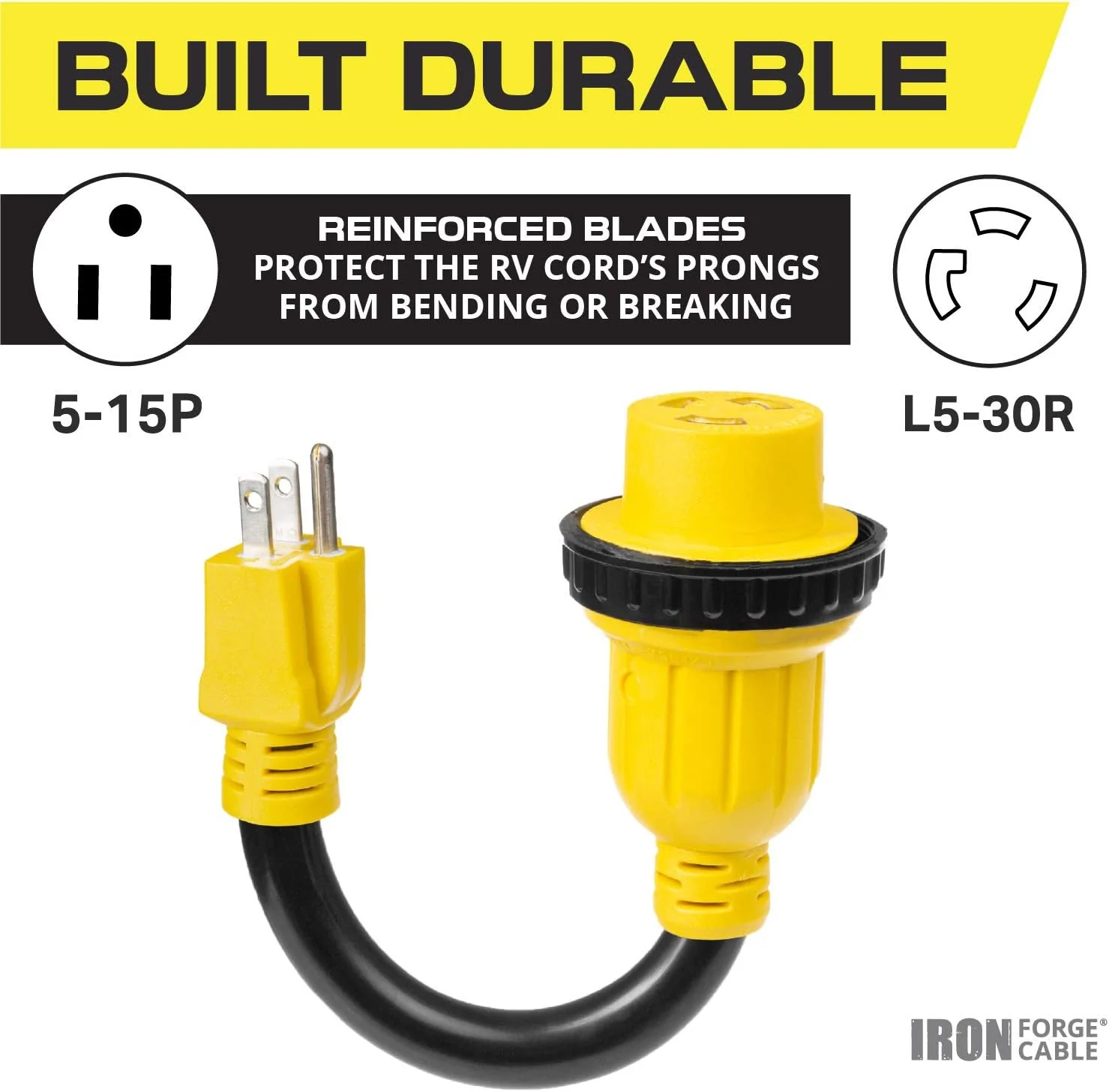 Iron Forge Cable 15 Amp to 30 Amp RV Electrical Adapter Power Cord, 12 Inch - 10/3 STW 5-15P Male Plug to L5-30R Female Receptacle, Yellow