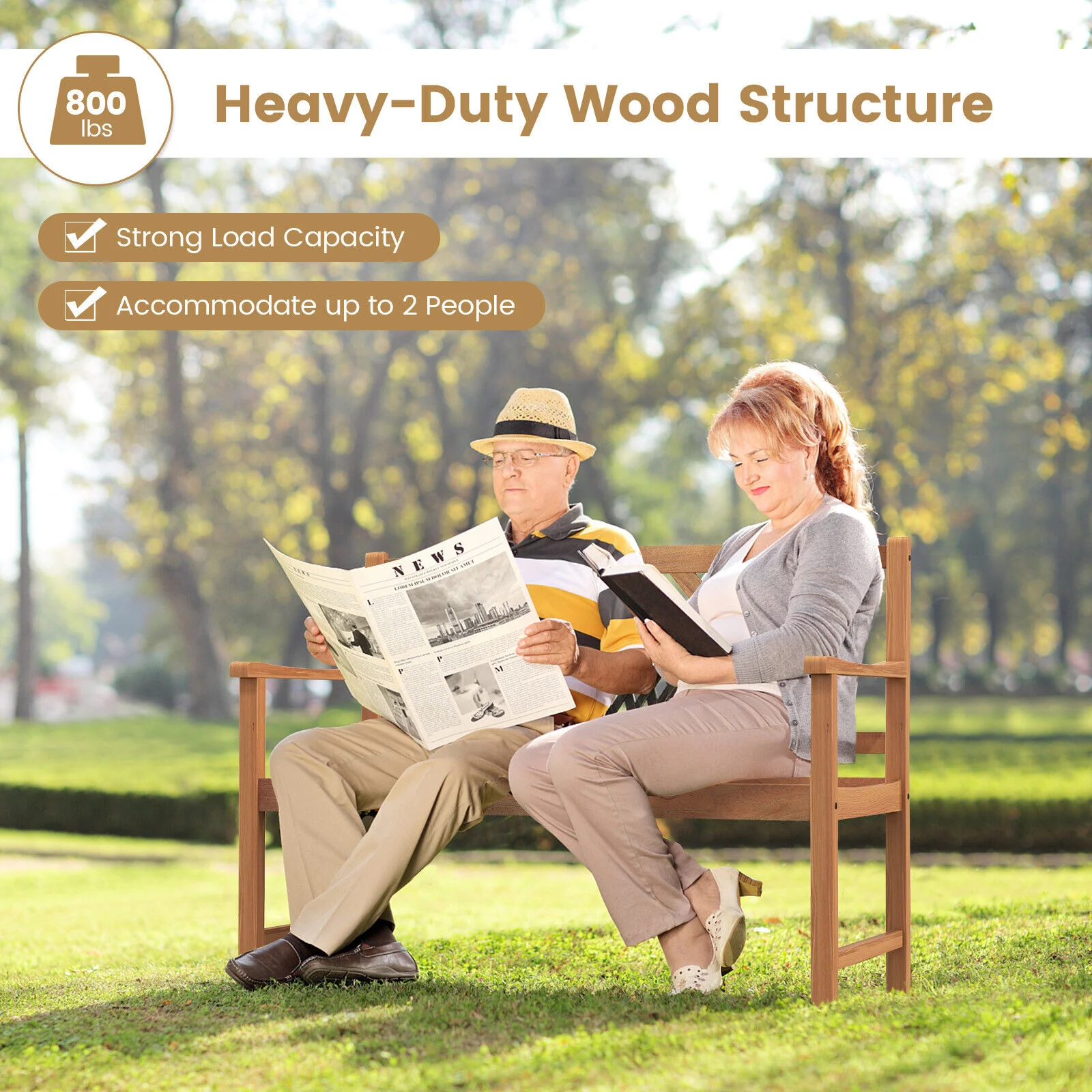 Great Choice Products Patio Acacia Wood 2-Person Slatted Bench Outdoor Loveseat Chair Garden Natural