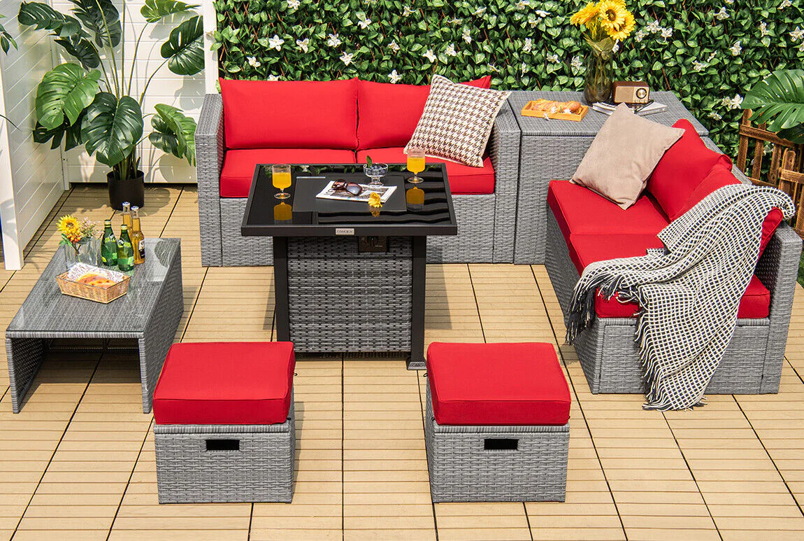 Great Choice Products 9Pcs Patio Rattan Furniture Set Fire Pit W/Cover Space-Saving Storage Red