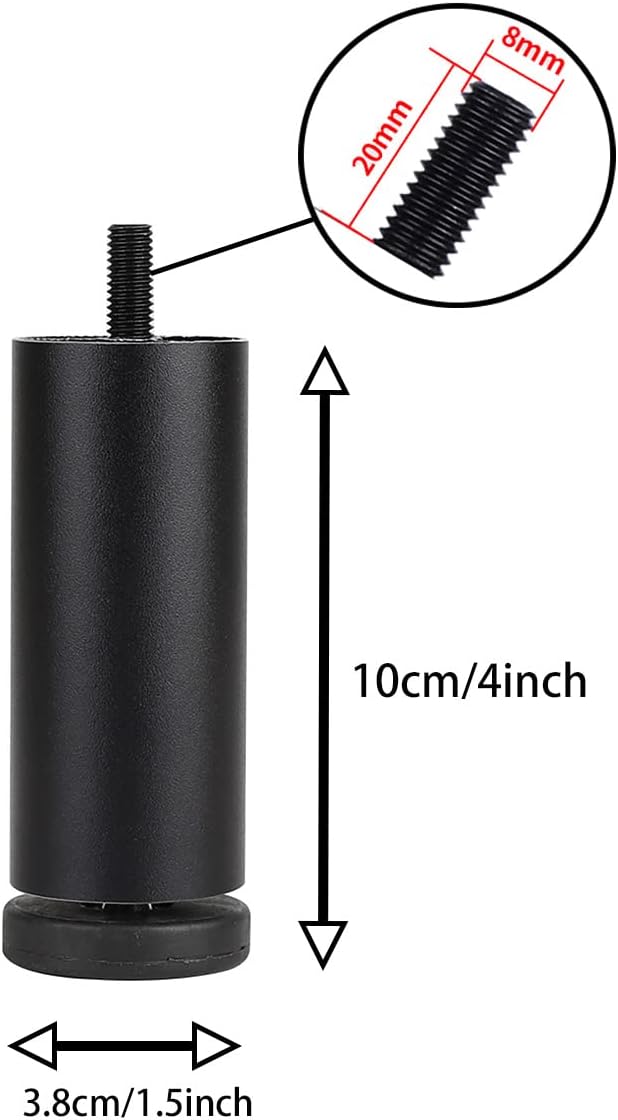 Alqpopg Metal Furniture Legs 4 inch Sofa Replacement Legs Set of 4 M8 Thread (Metric 8mm) Adjustable Height Round Mordern Black,for Cou
