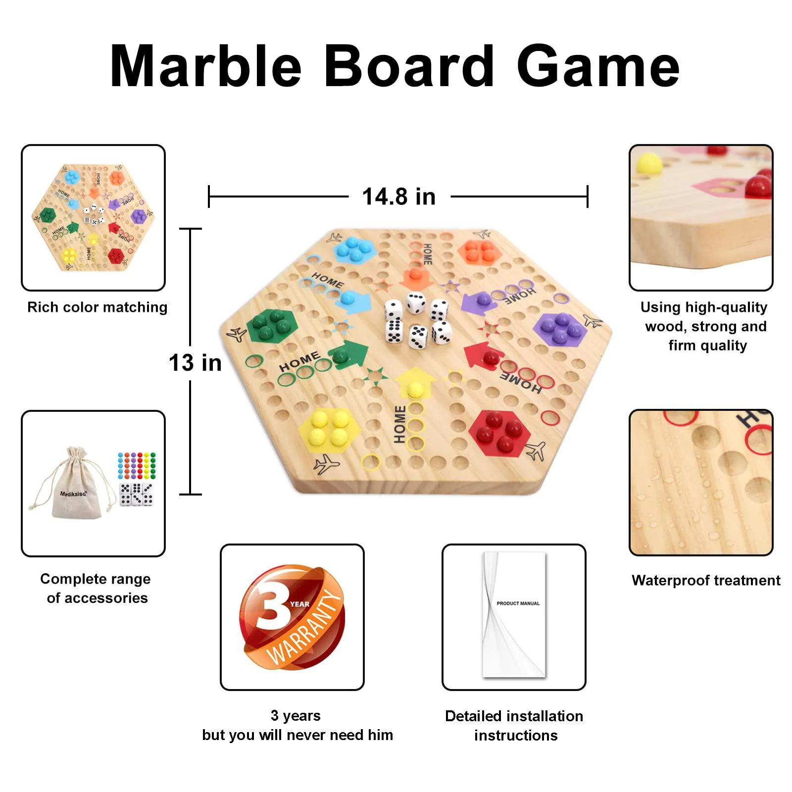 medikaison original marble game wahoo board game double sided painted wooden fast track board game for 6 and 4 players 6 colo