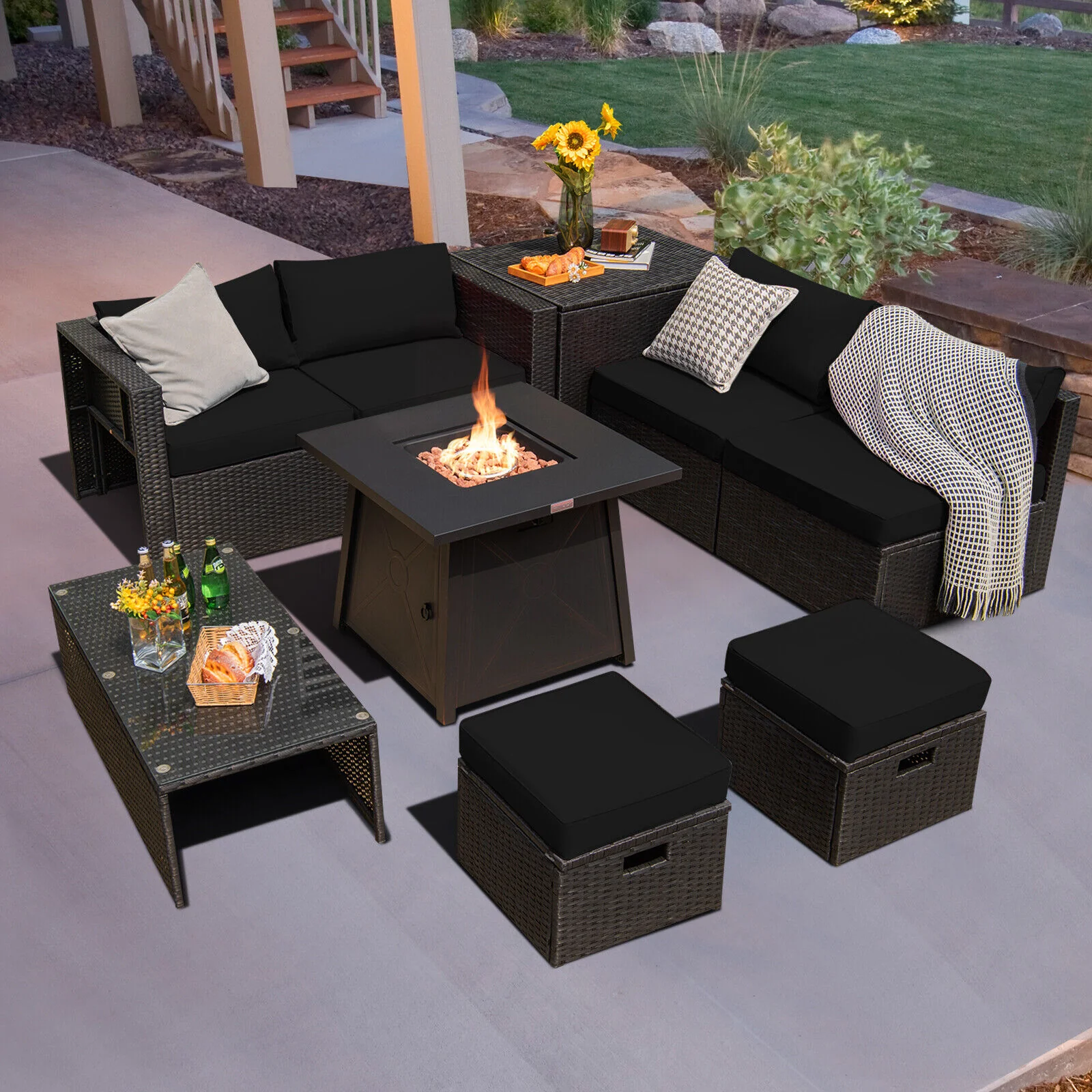 Great Choice Products 9Pcs Patio Rattan Furniture Set Fire Pit Space-Saving W/Cover Black Cushion