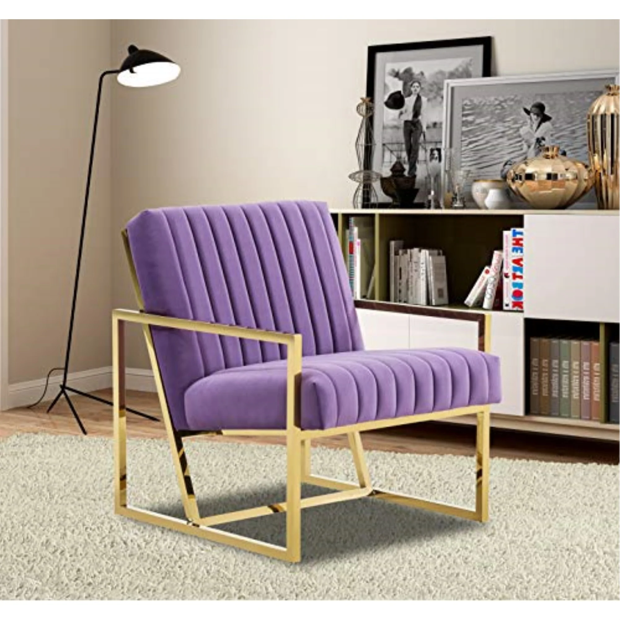 LeisureMod Montgomery Velvet Pinstripe Design Accent Armchair With Gold Frame