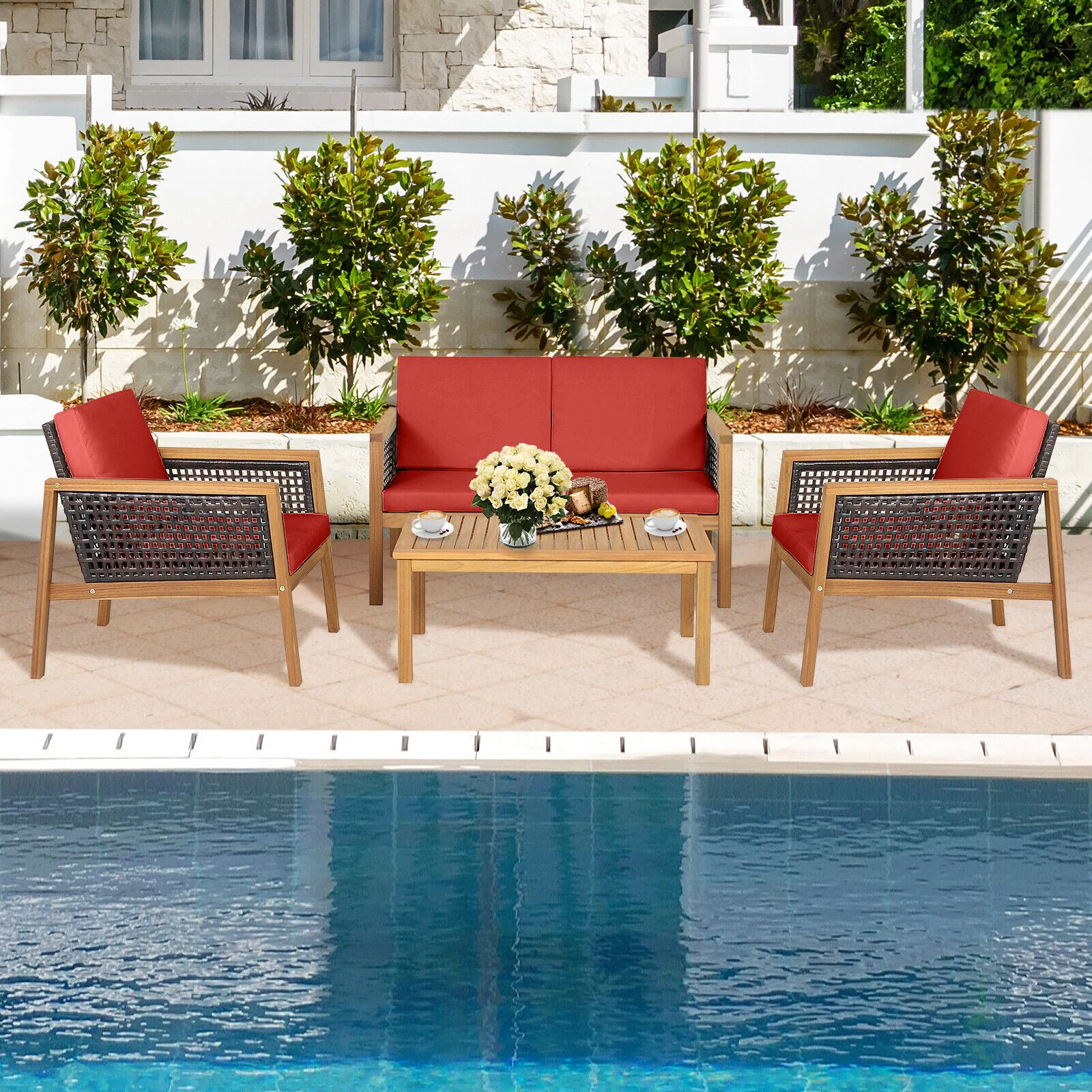 Great Choice Products 8Pcs Patio Rattan Furniture Set Acacia Wood Cushioned Sofa Red