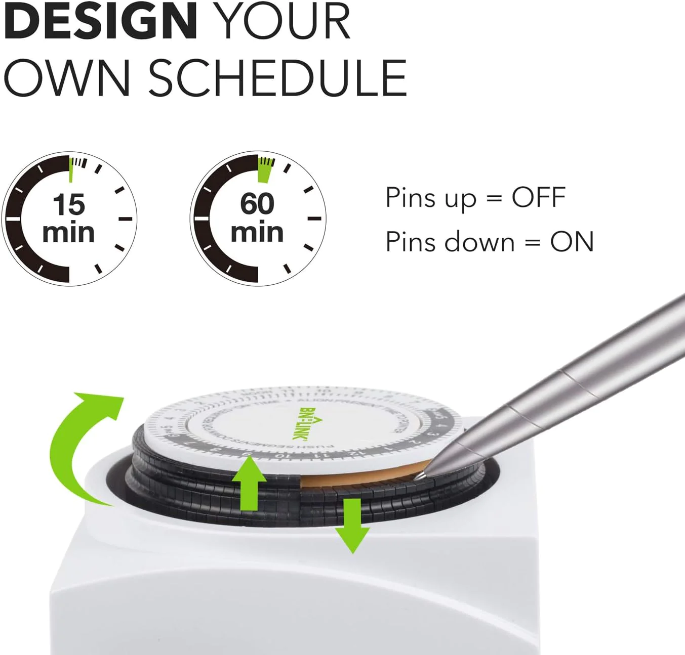 BN-Link Heavy Duty Mechanical 24 Hour Timer Dual Outlet 3-Prong Accurate Indoor for Lamps Fans Christmas Lights White AC 1875W 1/2 HP,