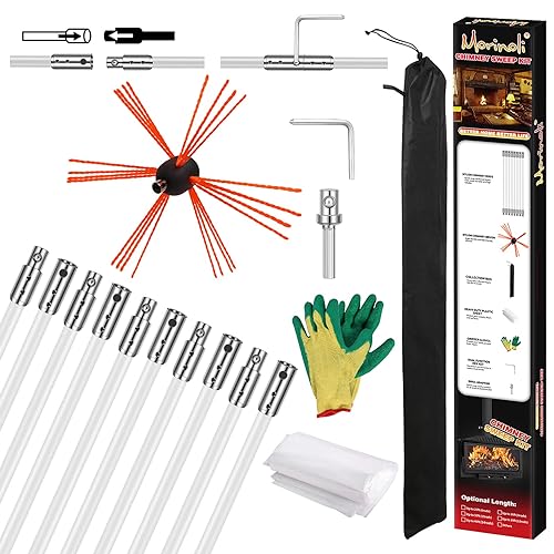Morinoli 33 Feet Chimney Sweep Kit, Chrome Button Locking System, Chimney Cleaning Kit, Chimney Brush, Chimney Cleaning Tool, Ch