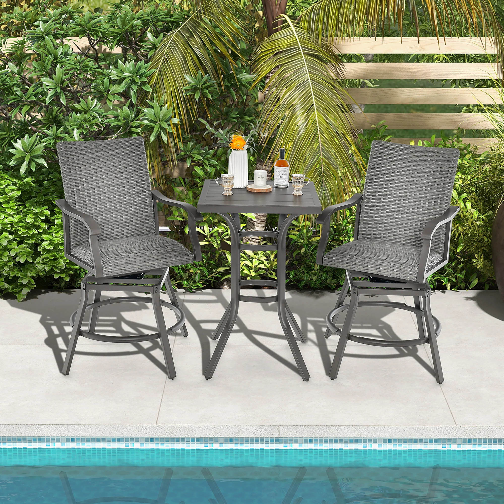 Costway 3PCS Patio Rattan Bar Table Stools Set Aluminum 360° Swivel Chairs with Padded Seat