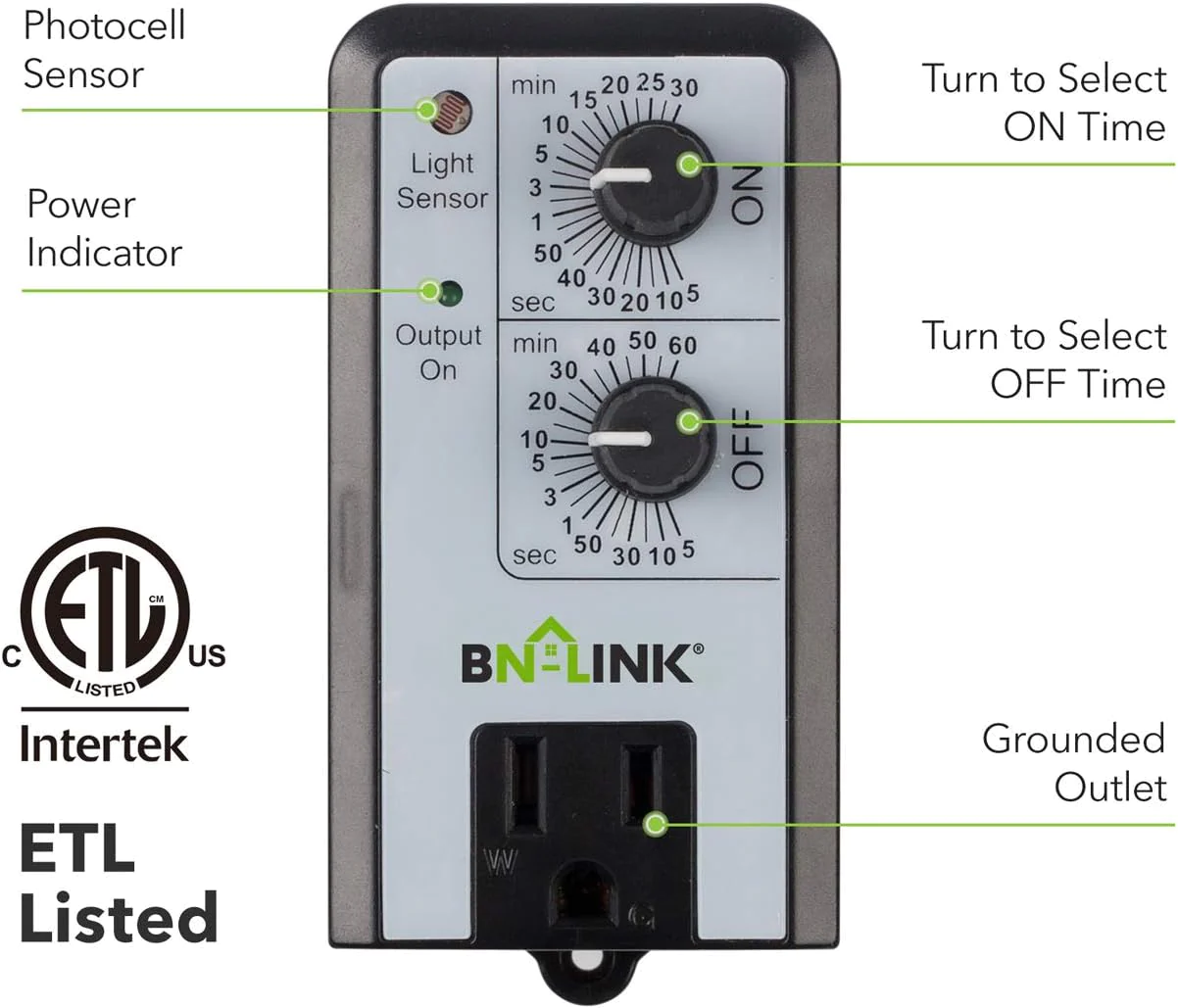 BN-Link Short Period Repeat Cycle Intermittent Timer, Interval Timer - Day, Night, or 24 Hour Operation, Photocell Light Sensor Dusk to