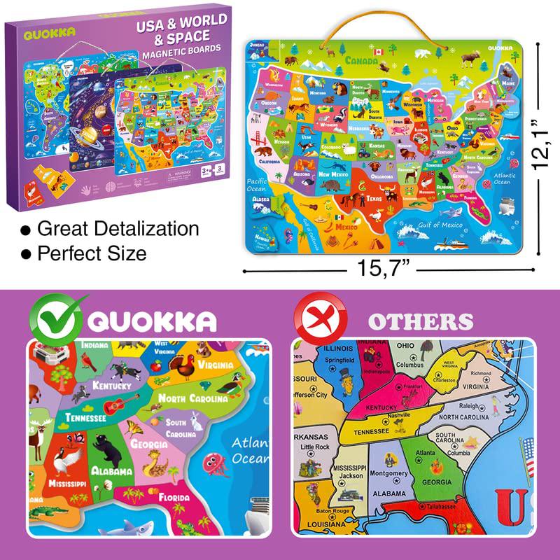 Quokka magnetic puzzles for kids ages 4-8 - 3 educational travel games for toddlers 6-8 year olds by quokka - space, usa and world m