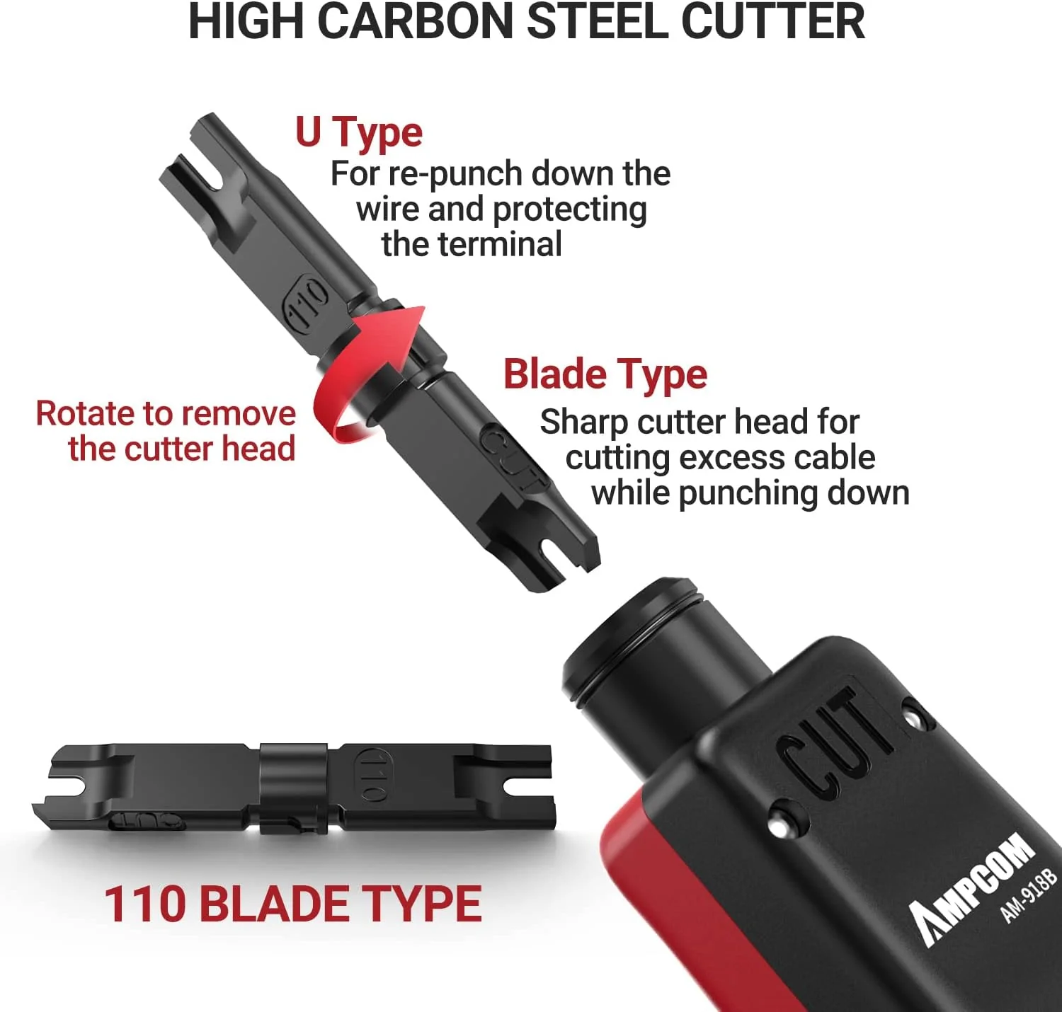 AMPCOM RJ45 Punch Down Tool with Cable Hooker - AM-918B