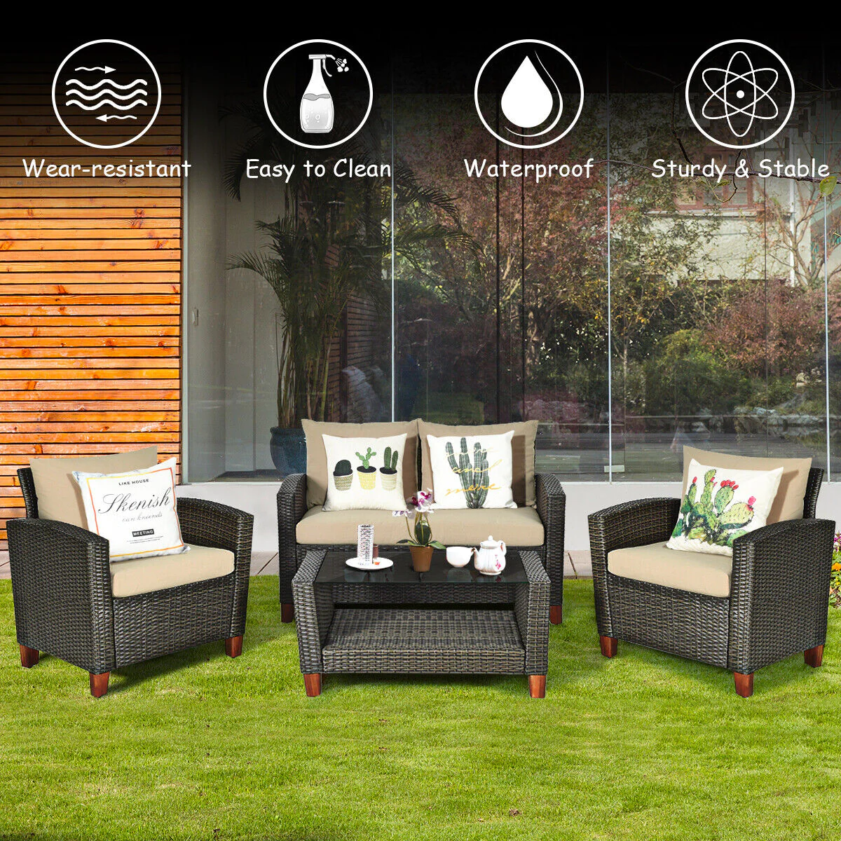 Great Choice Products 8Pcs Patio Rattan Furniture Set Solid Wood Leg Cushioned Sofa Garden Lawn