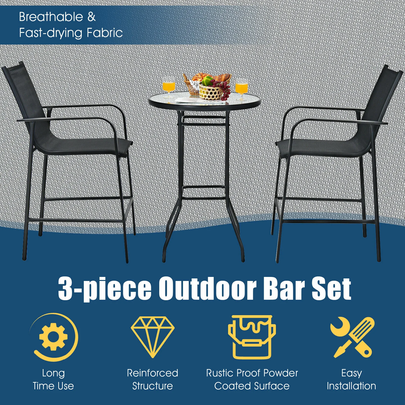 Great Choice Products Outdoor 3 Pcs Patio Bar Table Stool Set Height Tempered Glass Top