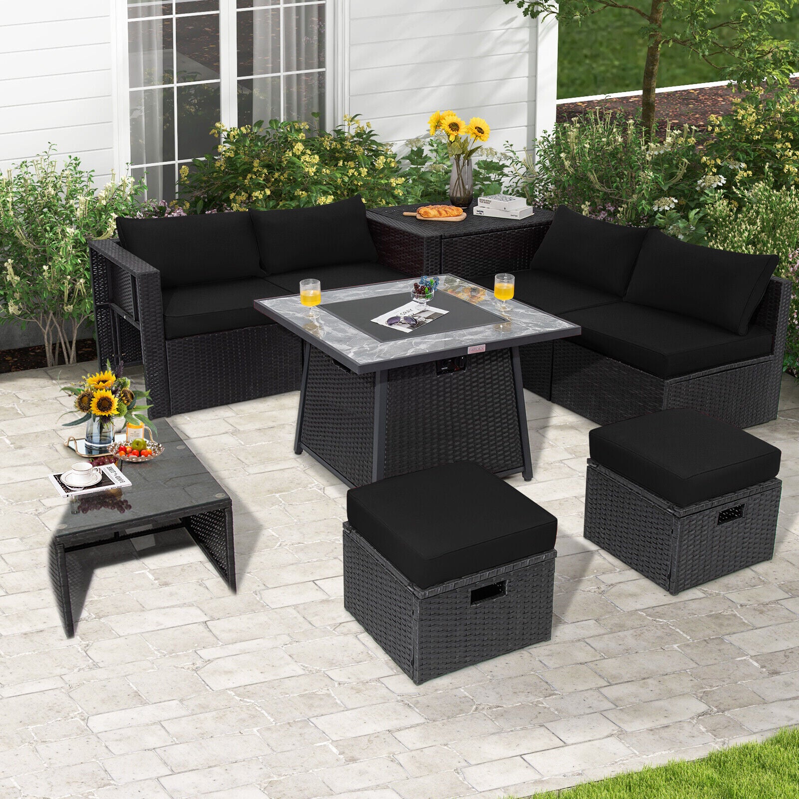 Great Choice Products 9Pcs Patio Wicker Furniture Set Fire Pit Space-Saving Storage W/Cover Black