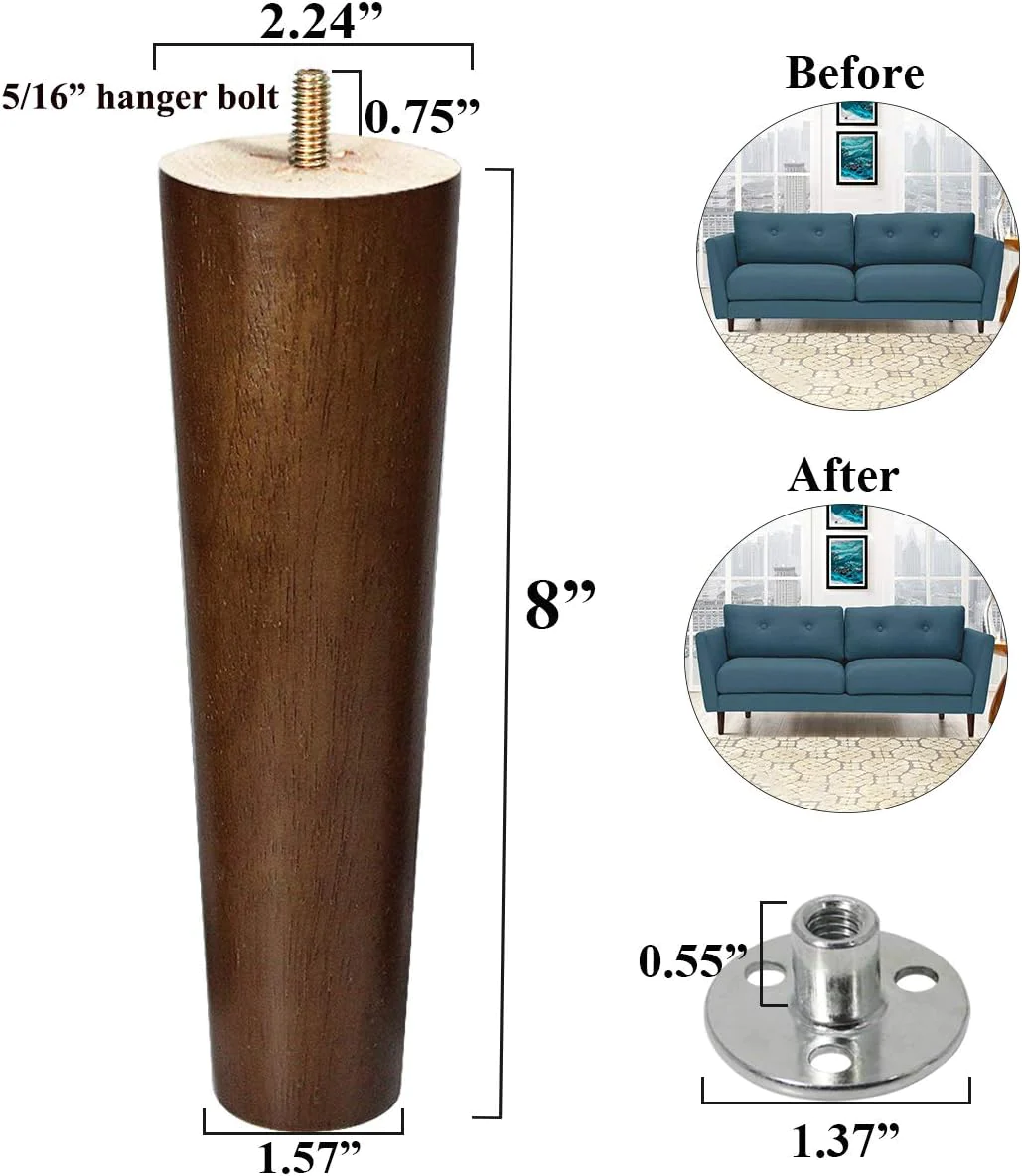 AORYVIC Furniture Leg Sofa Legs Replacement Wood 8 inch Mid Century Dresser Legs with 5/16 inch Bolt Set of 4