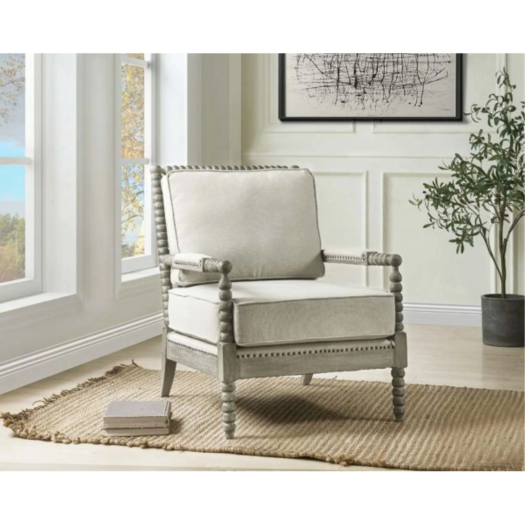 Acme Furniture AC01165 Accent Chair, Beige Linen &a; Gray Oak Finish - Saraid ( 1Pc/1Ctn )